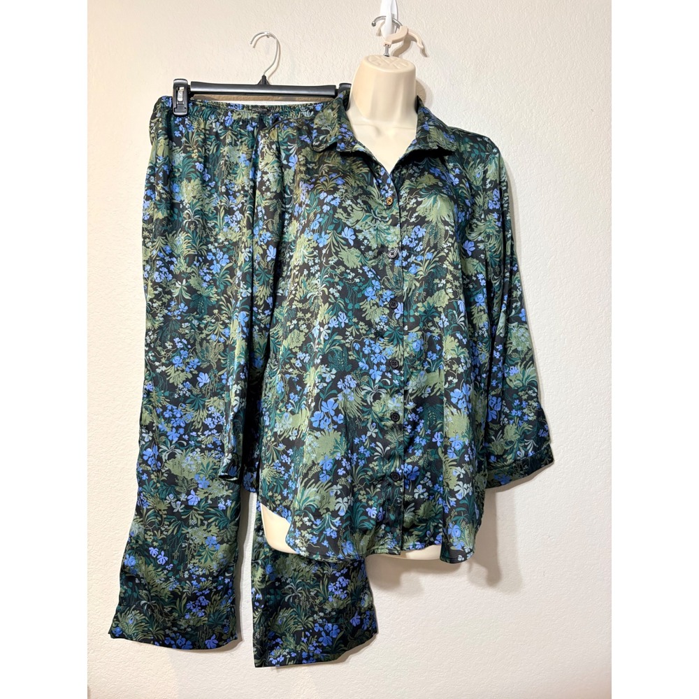 Ann Taylor Factory Sleep Pajama Set Medium Blue Green Floral Satin 2 Piece PJ